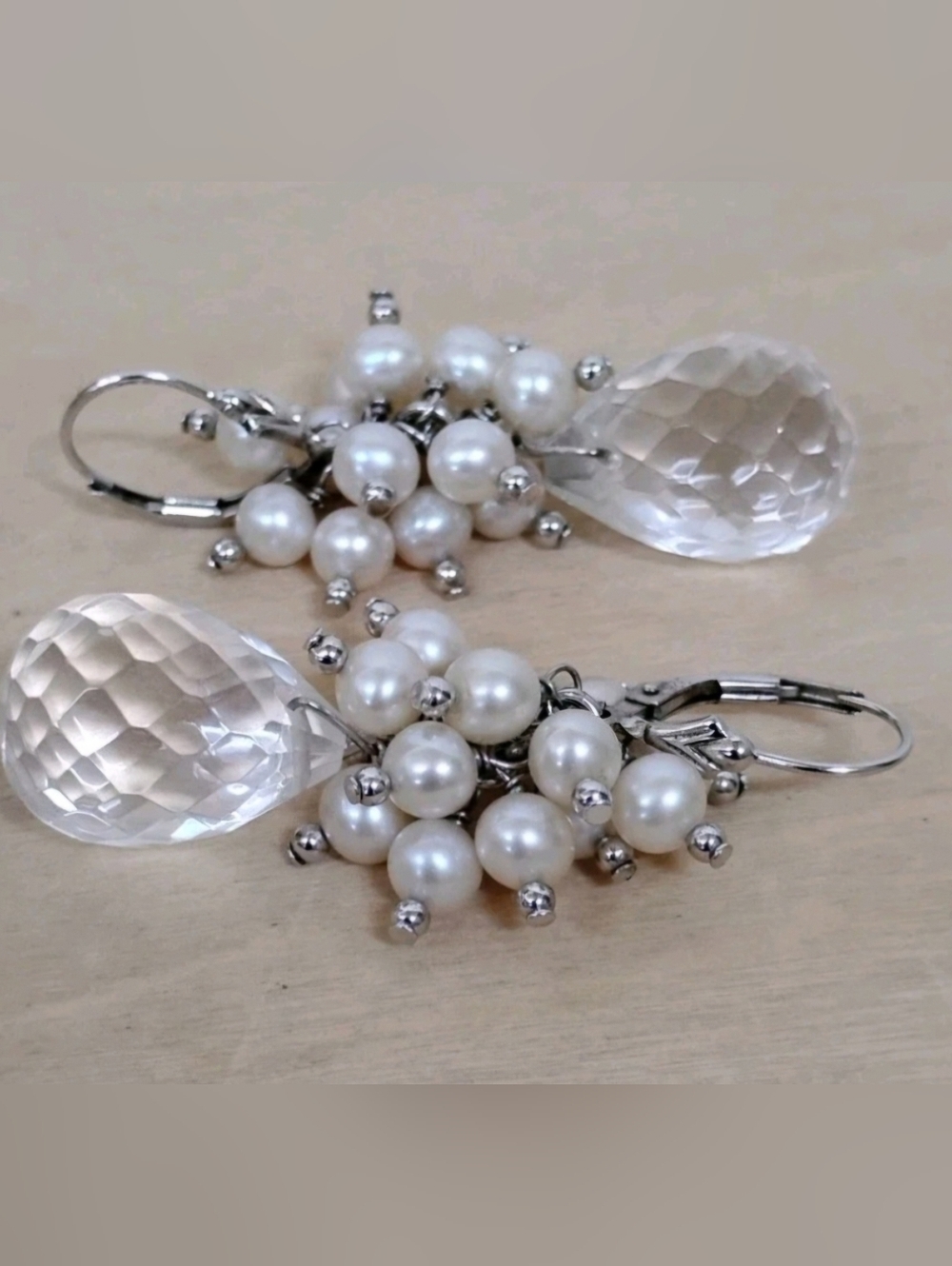 925 Sterling Silver Faceted Rock Crystal Quartz & Pearl Drop Earrings. - Picture 2 of 4